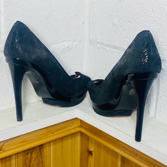 Charles Jourdan Black Leather Suede Open Toe Heels Size 8.5 - Picture 6 of 12